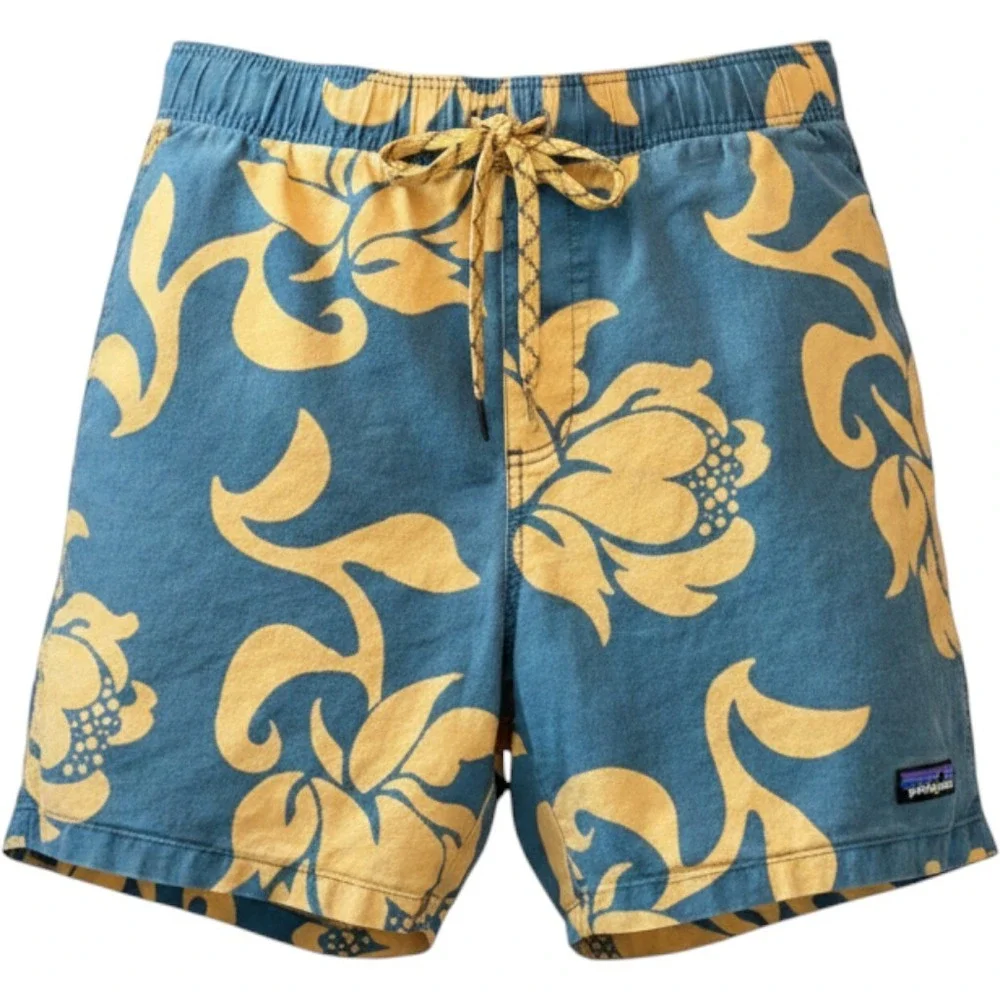 Patagonia Mens Hemp Organic Cotton Floral Shorts Blue Yellow Large